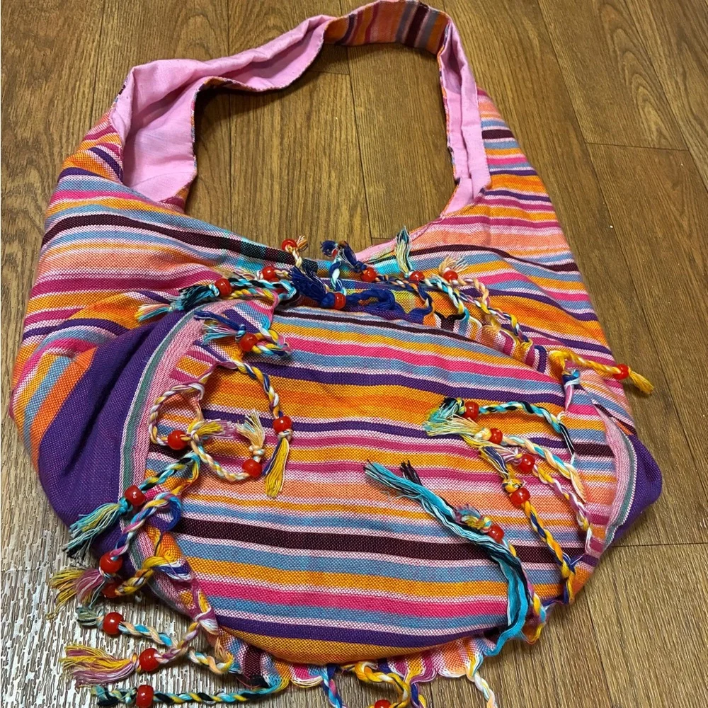 Colorful Striped Boho Bag with Tassels